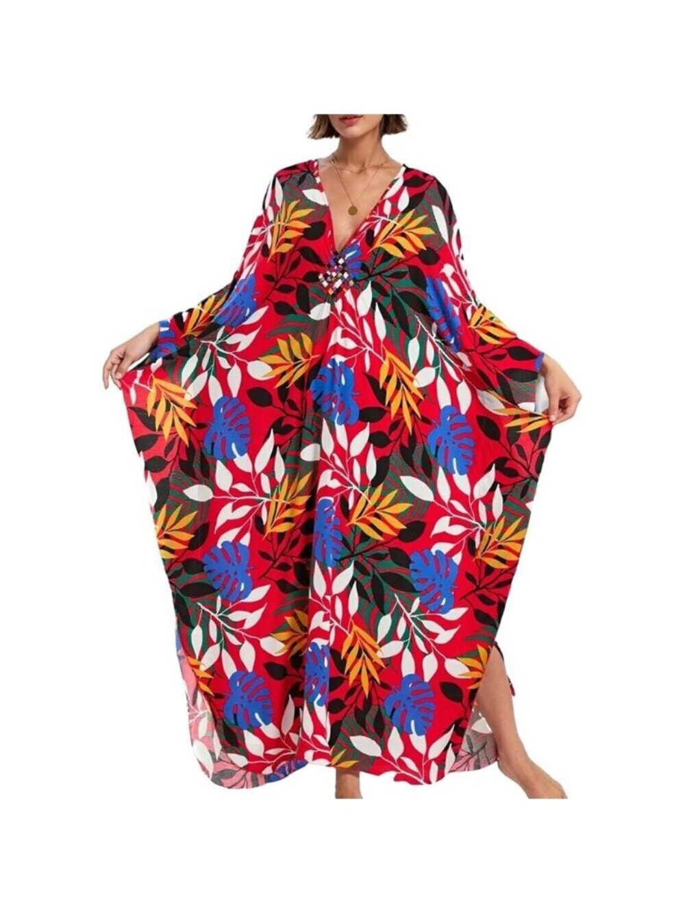 Women Red Blue Leave V-neck Batwing Sleeve Flowy Split Hem Bohemian Kaftan Dress